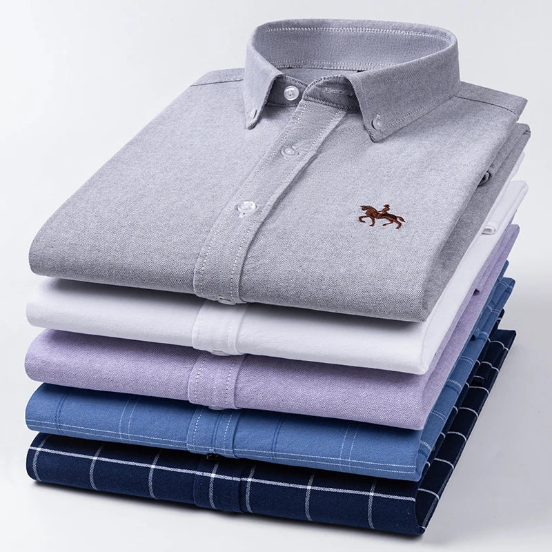 2023 100% Cotton Oxford Man Leisure Embroidered Horse Shirts Streetwear Oversized  Men Shirt Floral Long Sleeve Casual Plus Size
