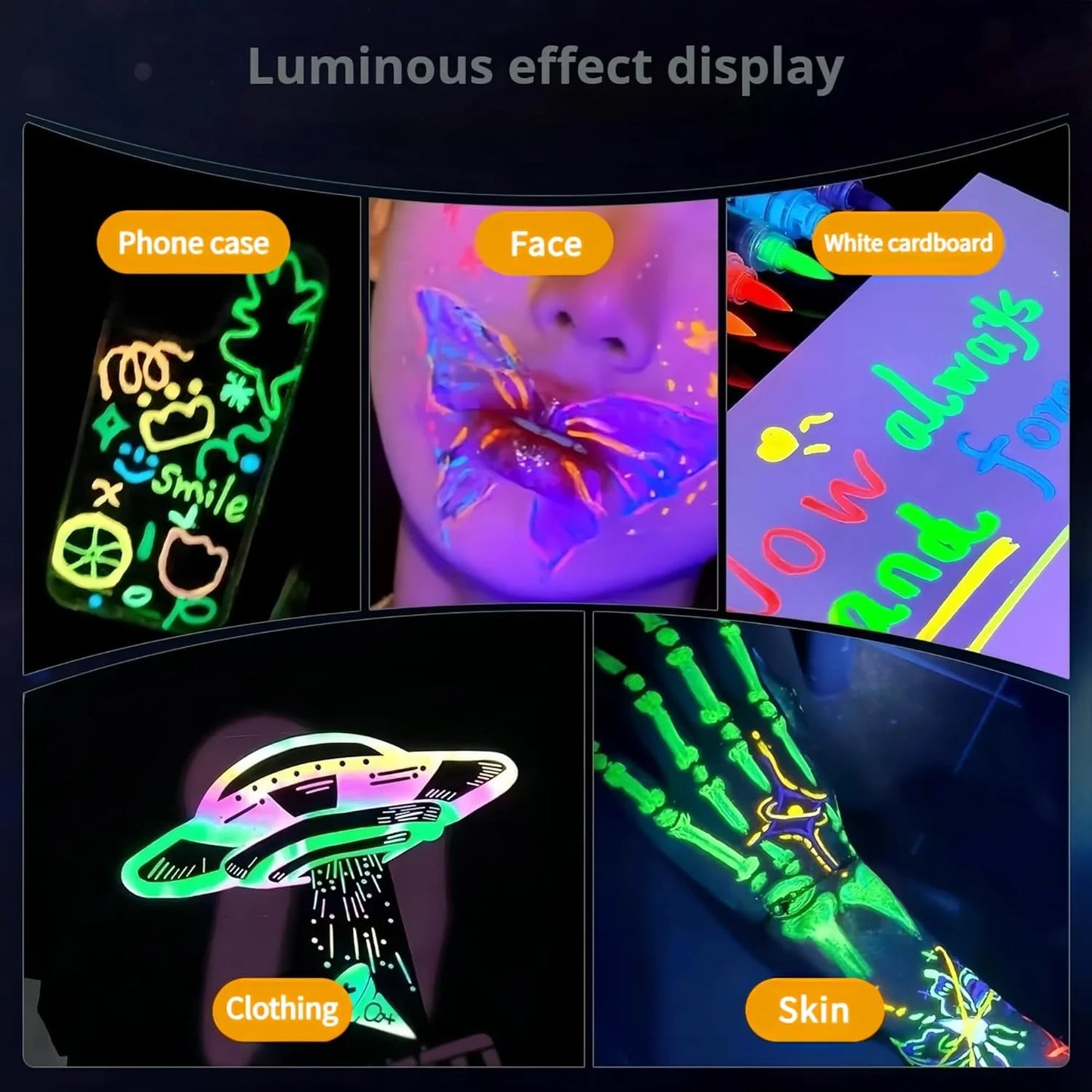 8 Colors UV Neon Face Paint Markers, Glow in the Dark Washable Multi-Surface Art Pens ， Face Painting