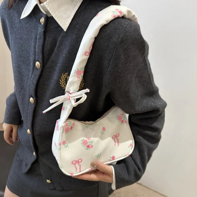 Women's Bags New Sweet Print Canvas Handbags Korean Floral Bow Printed Zipper Tote Bag Female Small Shoulder Bag