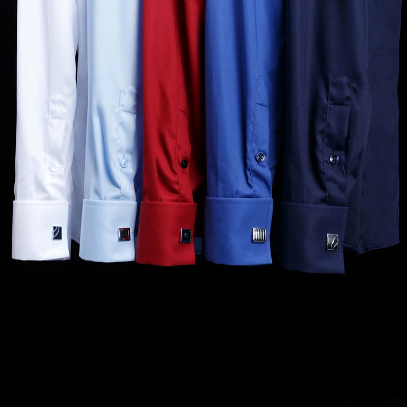 Men's French cufflinks shirt made of pure cotton long sleeved slim fit concealed button, solid color high end wedding dre