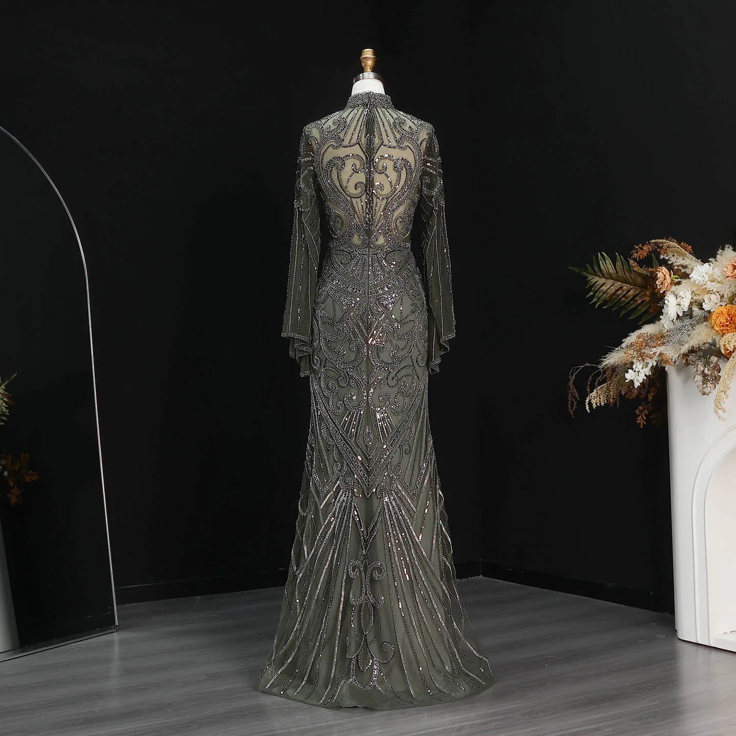 Sharon Said Dubai Black Evening Dress Geometric Beaded Pattern Long Flare Sleeve شارون سعيد Women Formal Prom Gown SS055 Custom
