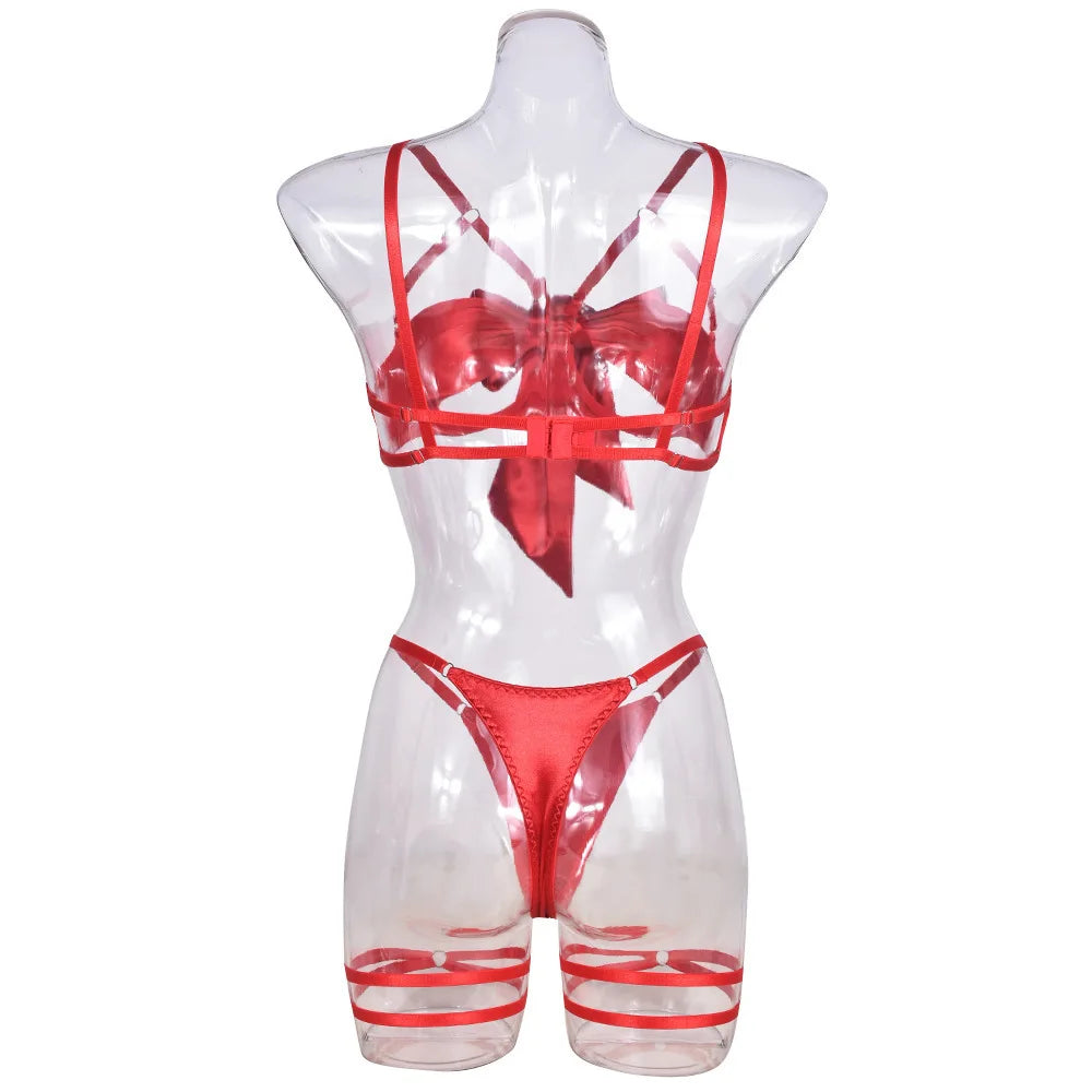 Lingerie's new hot selling European and American lingerie with exquisite bow and hollow out sexy three piece set with steel ring