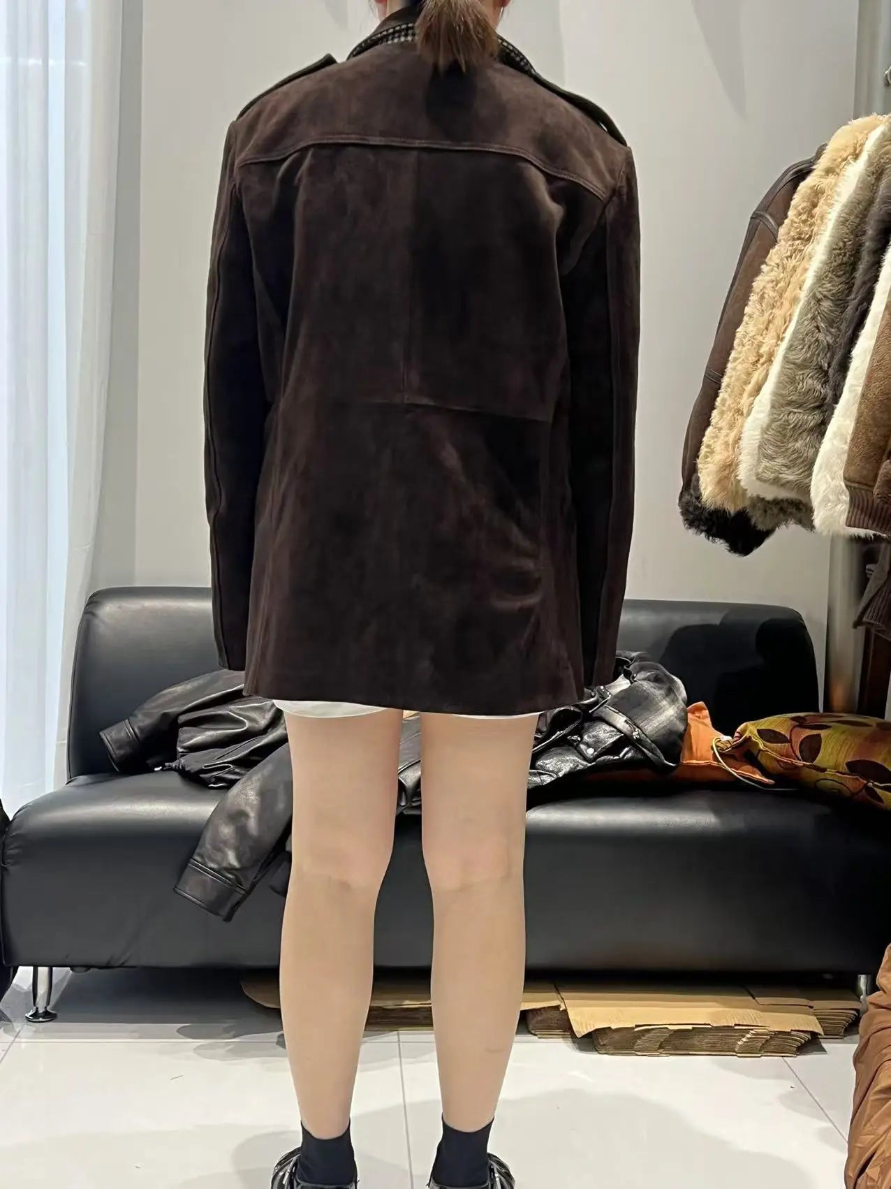 Luxury High-end Kid Suede Leather Jacket for Women Winter Pockets Slimming Coat Filled With Mulberry Silk Deep Coffee Warm Veste