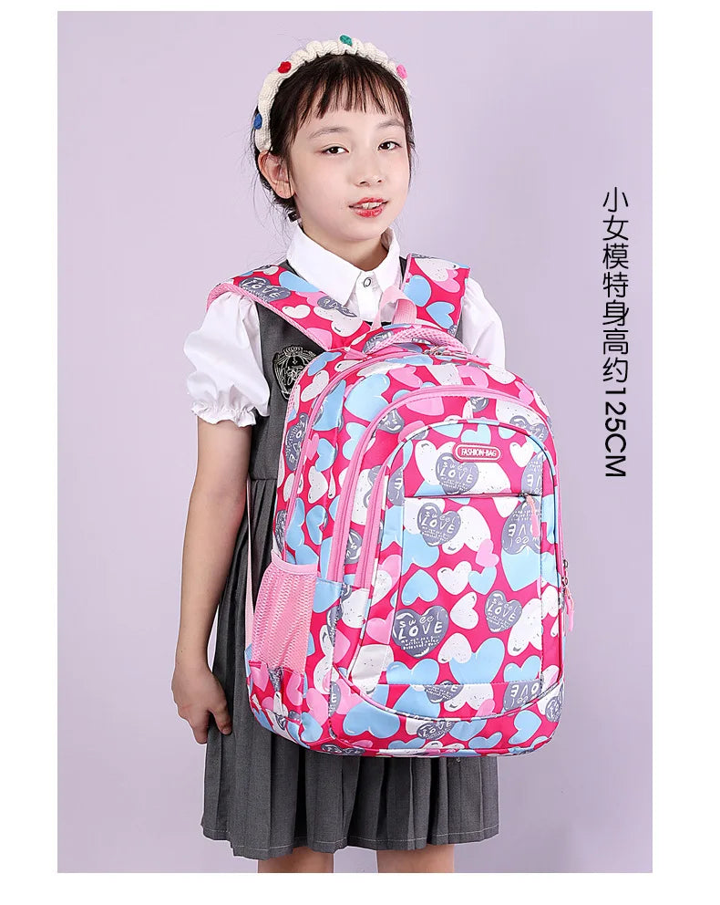 Student Boys And Girls School Bags Love Heart Printed Student Shoulder School Bags 1-6 Grade Light Weight Double  Shoulder Bags