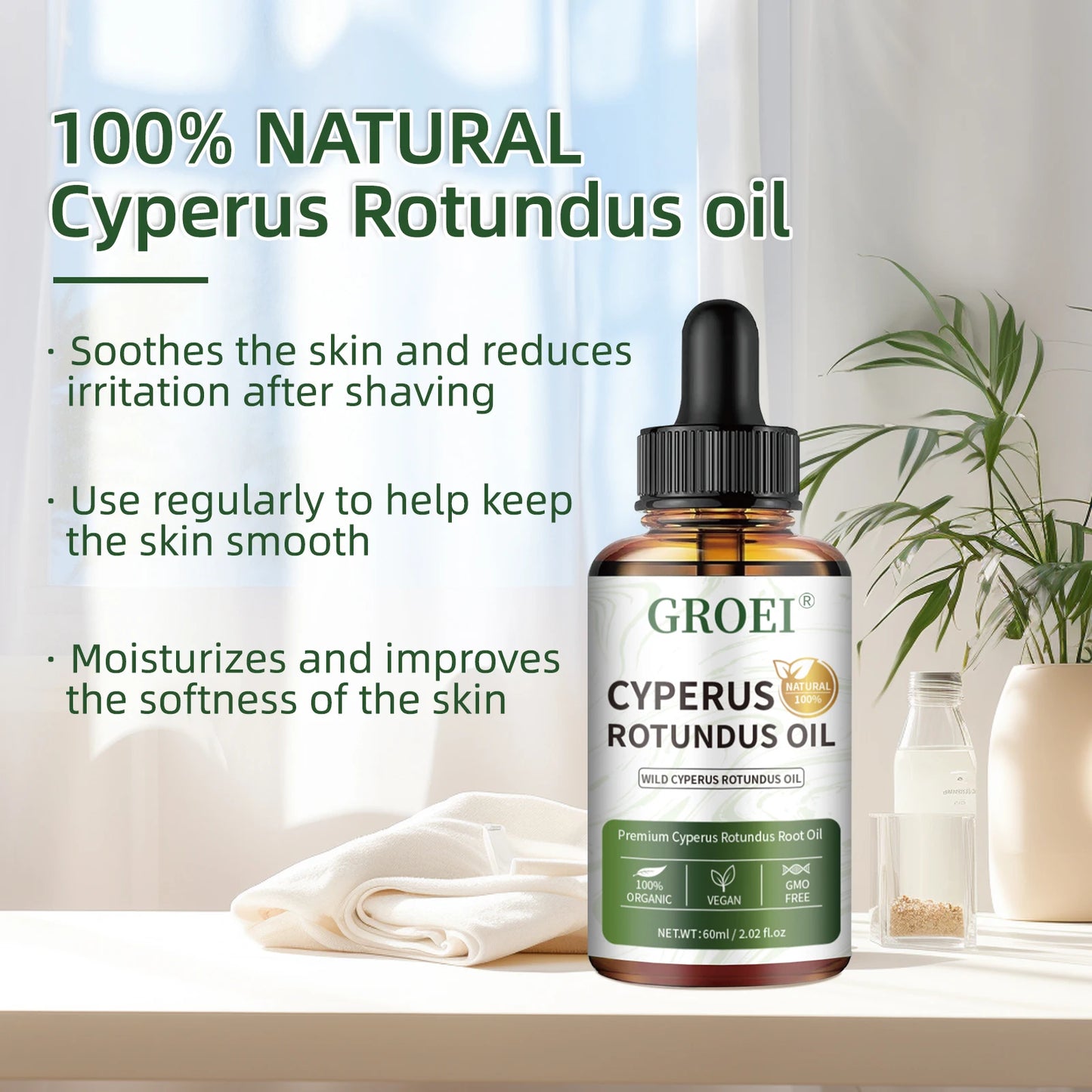 60ml Natural Organic Cyperus Rotundus Oil for Hair Growth Reduction, Post-Shave Care, Vegan & Non-Irritating Skin Moisturizer