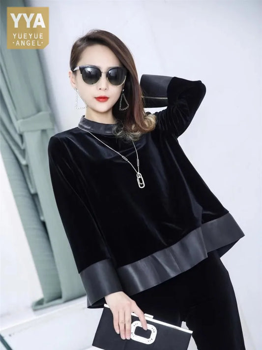 Women Autumn Velvet Patchwork Genuine Leather Tops Stand Collar Loose Fit Coat Office Ladies Casual Outwear Jacket Streetwear