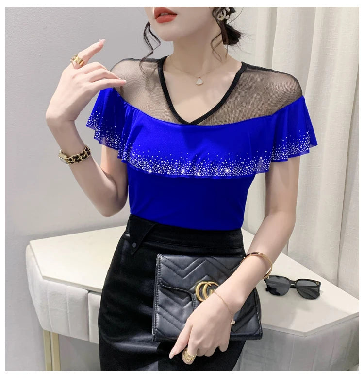 Real Photos Summer Tops Girl Patched Ruffles Mesh V Neck Short Sleeve T Shirt Women Fashion Tees Tshirts Beach Clothing