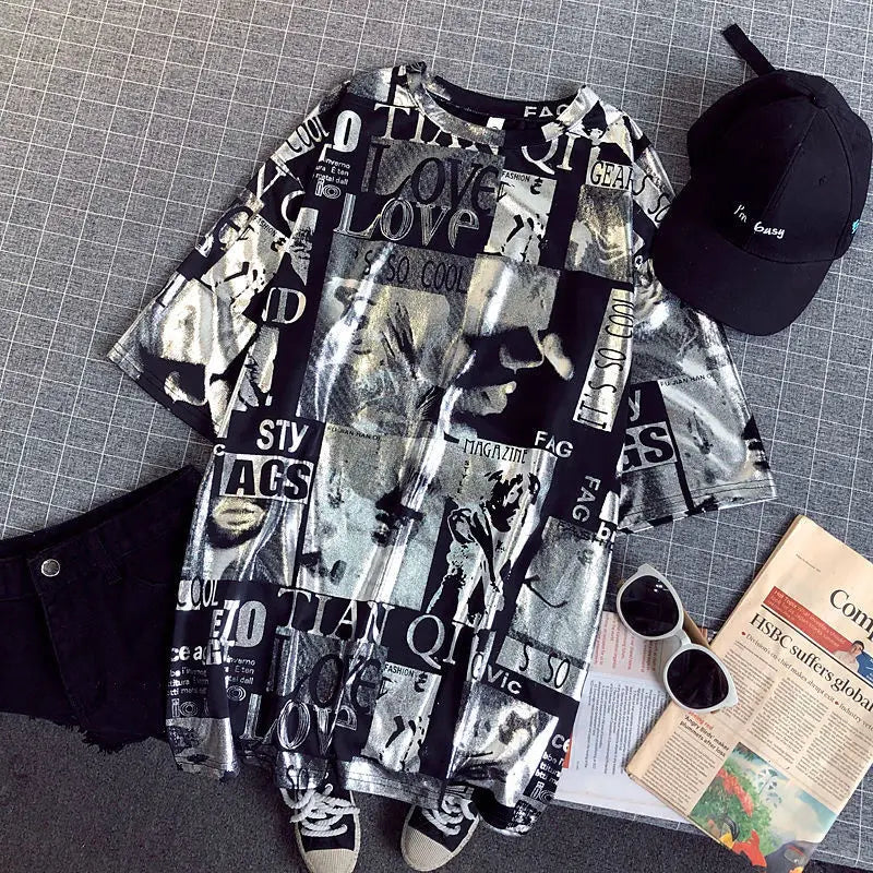Summer New Style Cec Women's Oversized Loose Short Sleeve T-Shirt Harajuku Style Street Fashion round Neck Mid-Length Top