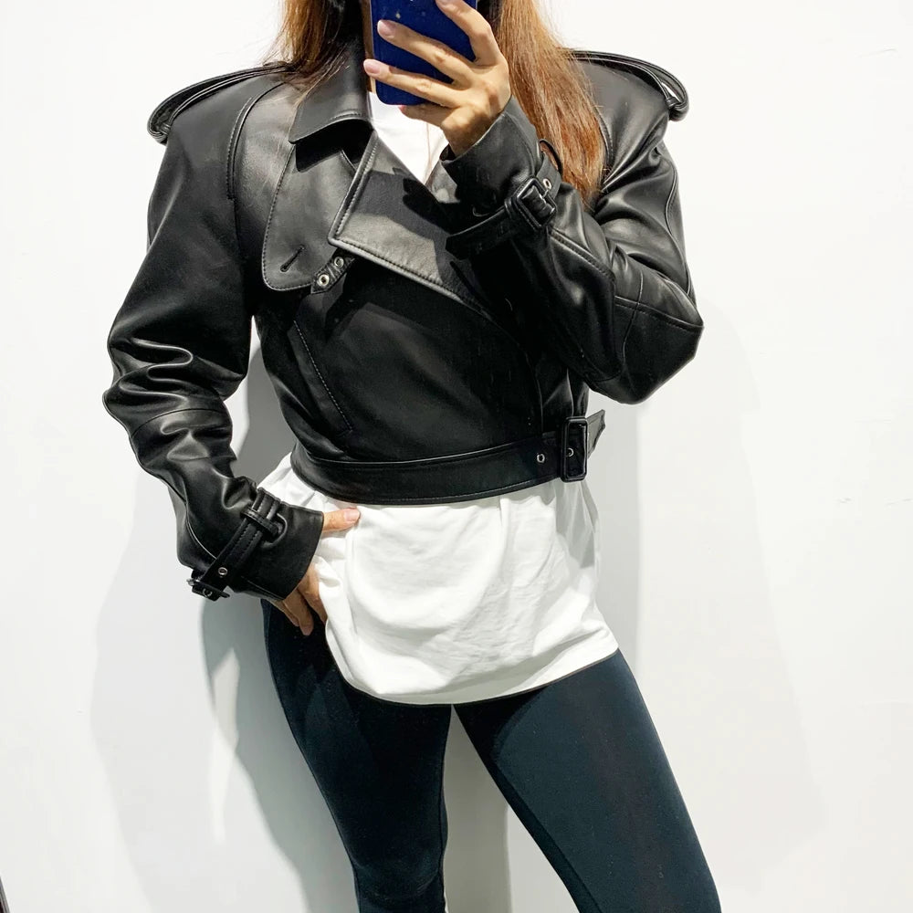 Female Leather Jacket Women Winter Genuine Sheep Leather Coat Wide Shoulder Paddad 23012