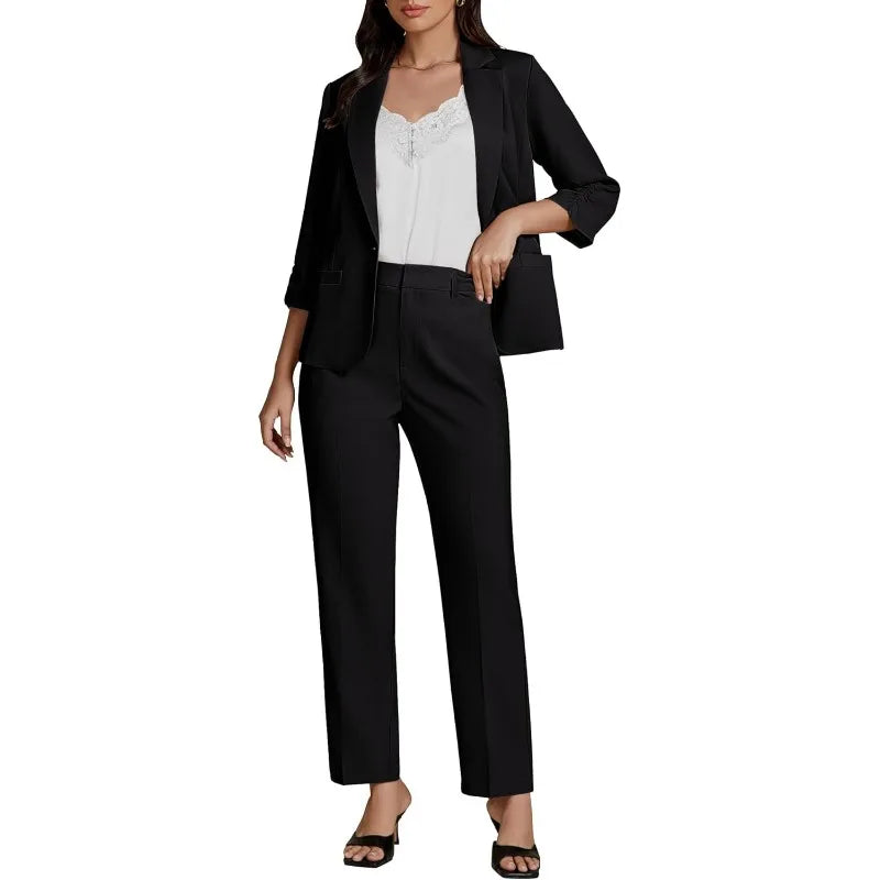 Pant Suits for Women Dressy 2 Piece Business Casual Outfits 3/4 Sleeve Blazer Straight Leg Pant Sets Office Work