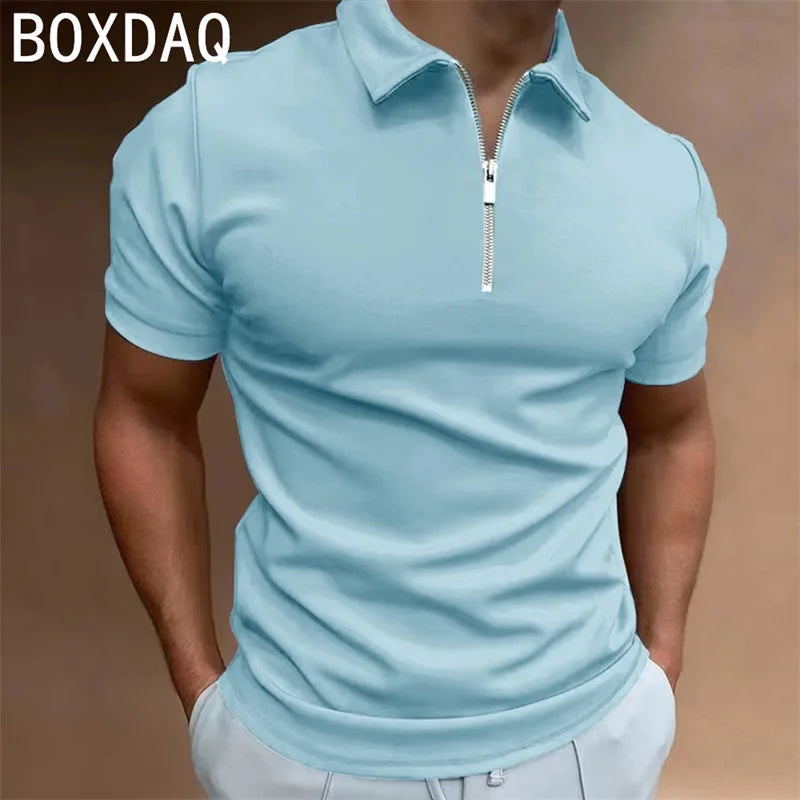 Men's Solid Color Polo shirt Fashion Casual Short Sleeve Lapel Zip Collar Sport Polos Men's Summer High Quality Harajuku Tops