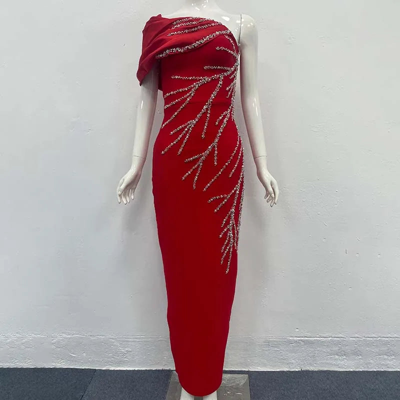 Black Dresses Woman Elegant One Shoulder Shining Rhinestones Bodycon Red Bandage Long Dresses Party Cocktail Dress Evening Dress