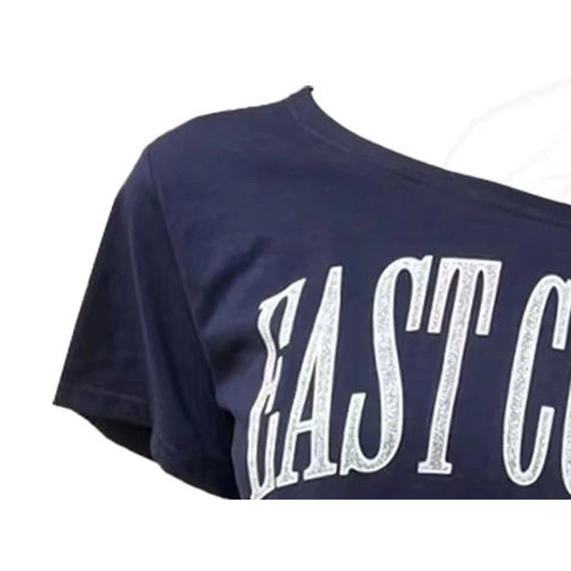 EOTVOTEE Sexy T-Shirts for Women Diagonal Collar Short Sleeve Casual Tops Spring 2025 New Fashion Female Letter Printed T-Shirts
