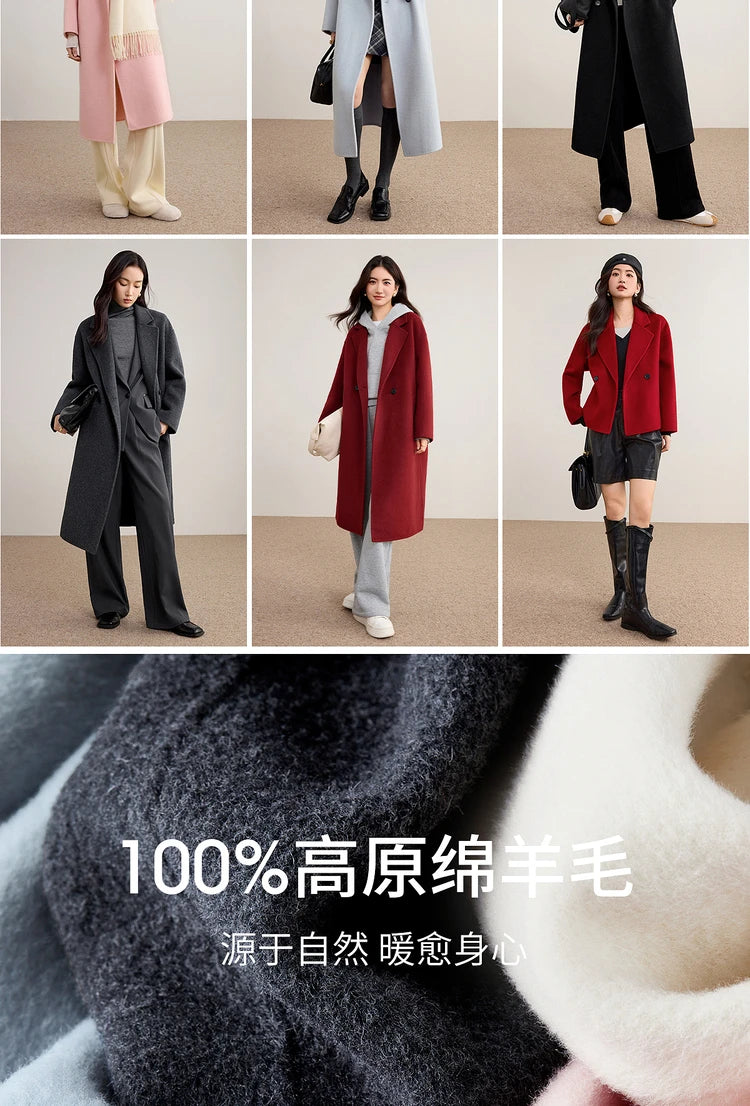 SENTUBILA Women's 100% Wool Double-Faced Coat Winter 2025 Suit Lapel Collar Classic Commuter Style Long Overcoat W54OA8779