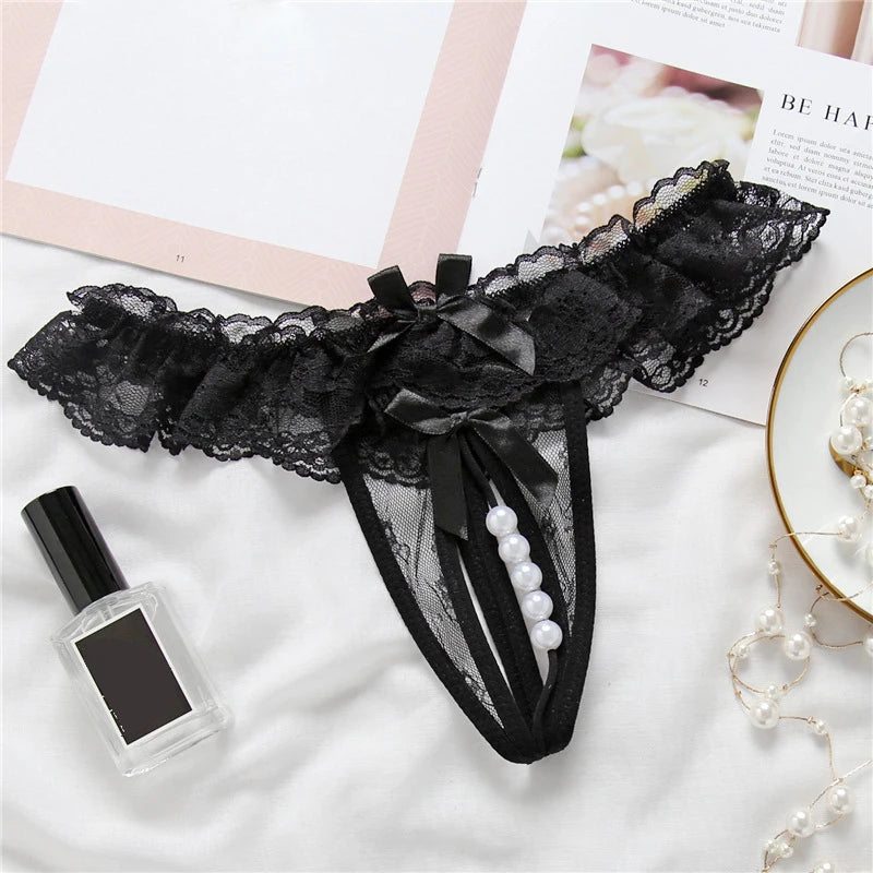 Thong Women Open Crotch Pearl Embellished Sexy Lace Underwear Fashion Lingerie Set Valentine Gift for Her