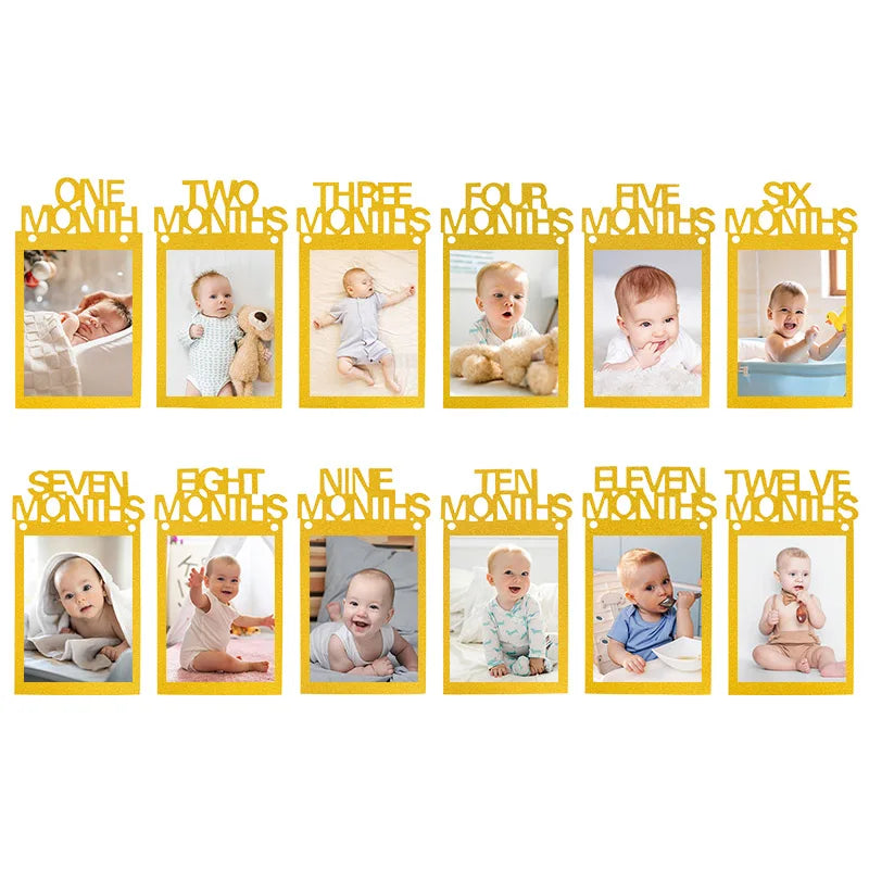 Birthday Baby One Year 12 Months Photo Banner Boy Girl 1 Year First Birthday Party Picture Photo Frame Garland Anniversary Decor