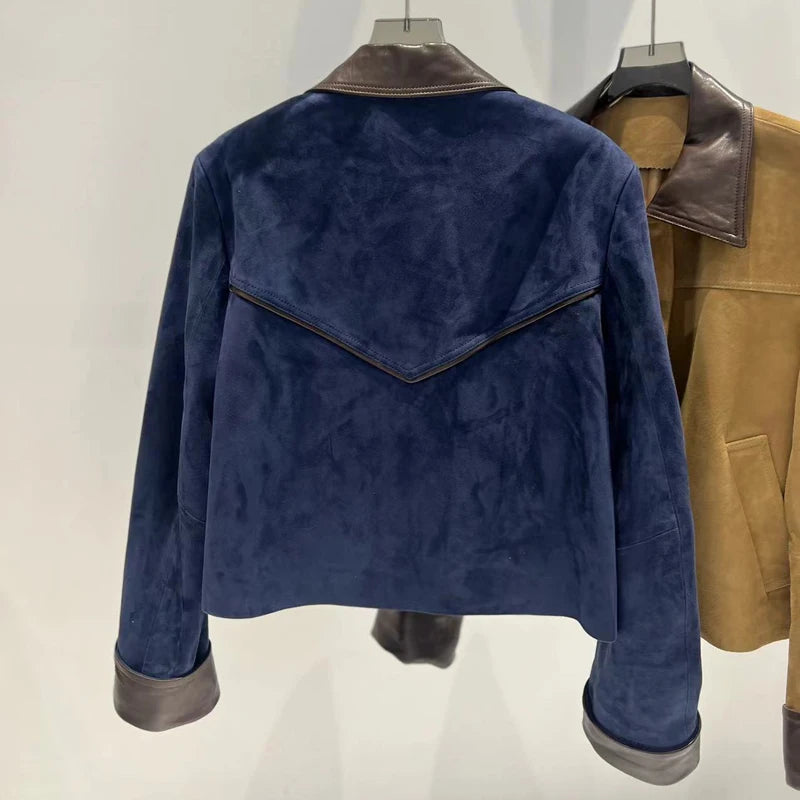 European Imported Suede Jacket Women 2025 Autumn Winter Branded New Contrasting Leather Coat Navy Blue Short Locomotive Casacos