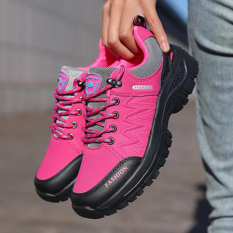 Ladies' Outdoor Hiking Shoes with Black and Pink Non Slip Soles Fashionable Sports Shoes Breathable Mesh Running Hiking Boots