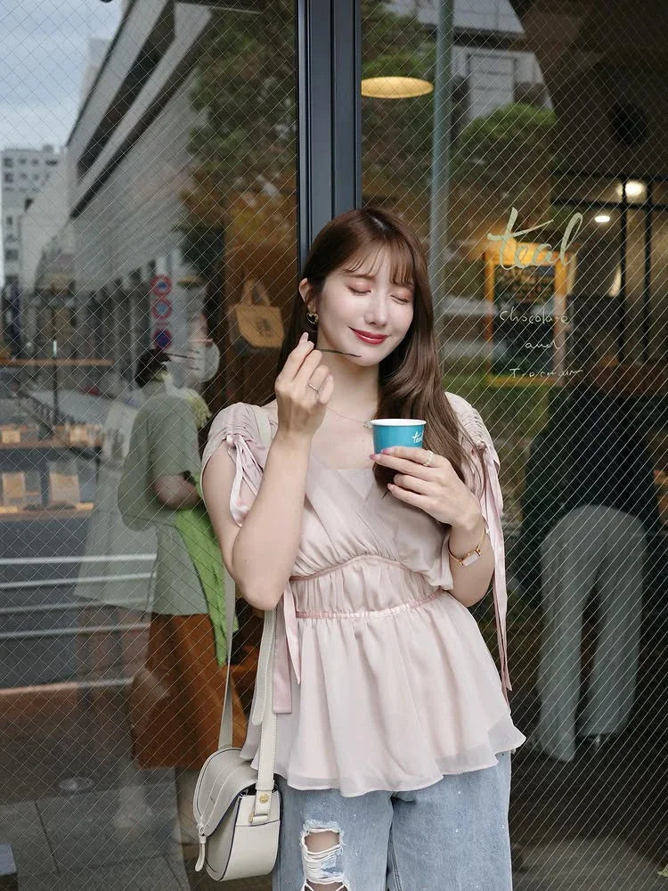 Women's Tops Summer Bow Tie Sweet Elegant Blouse Femme V Neck Shirt Waist-Cinching Japanese Style Sleeveless Chiffon Blouse