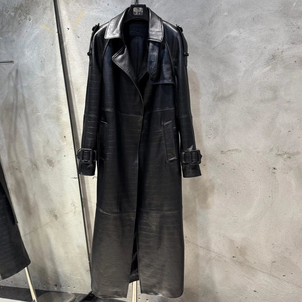 Gold Leather Coat Long Ladies Real Sheepskin Coat Genuine Sheep Leather Windbreak Long 21018
