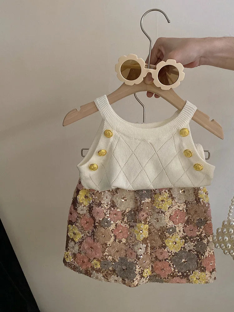 Summer Set Top 2024 New Girls Design Tank Top Flower Short Skirt Set Baby Girl Sweet Cute Temperament Clothes