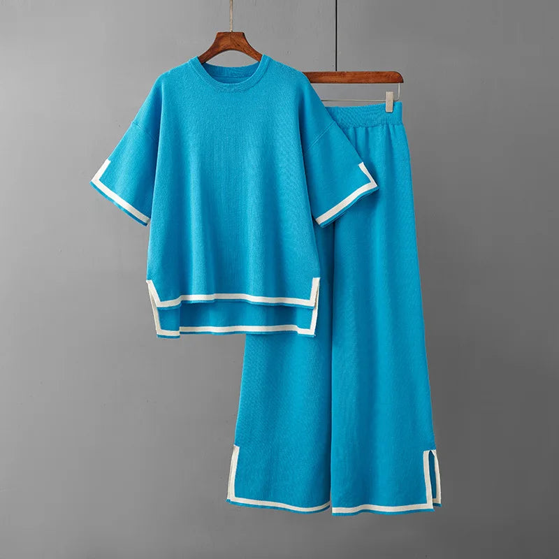 Pants Set Women Two Piece Sets Short Sleeve Spring Knit Tops Loose Casual Wide Leg Long Pants High Waist Y2k Streetwear Spring