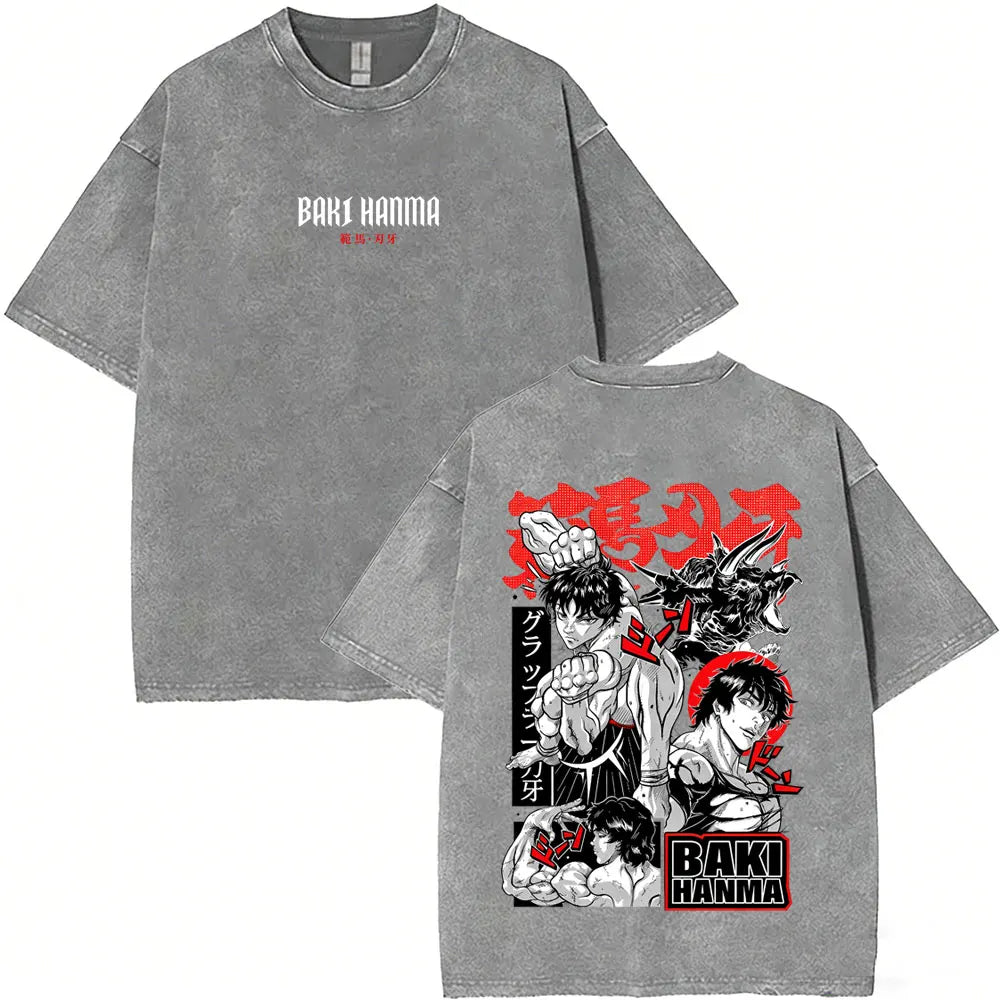 Washed Vintage Anime Baki Hanma Wake Up T-shirt Men Women Retro Manga Oversized T-shirts Men's Casual Cotton T Shirts Streetwear