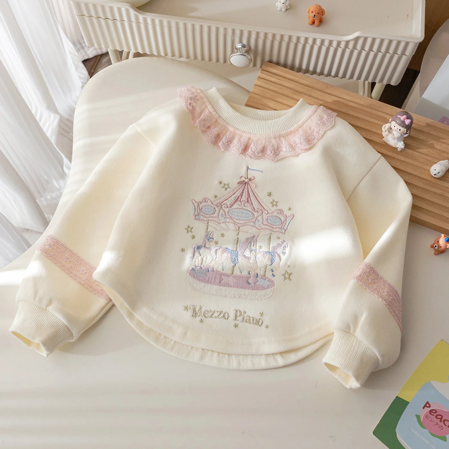 Girls Spring New Style Embroidered Sweatshirt Lace Trim Hoodie Baby Spring Clothes Korean Version Heavy Embroidery Top
