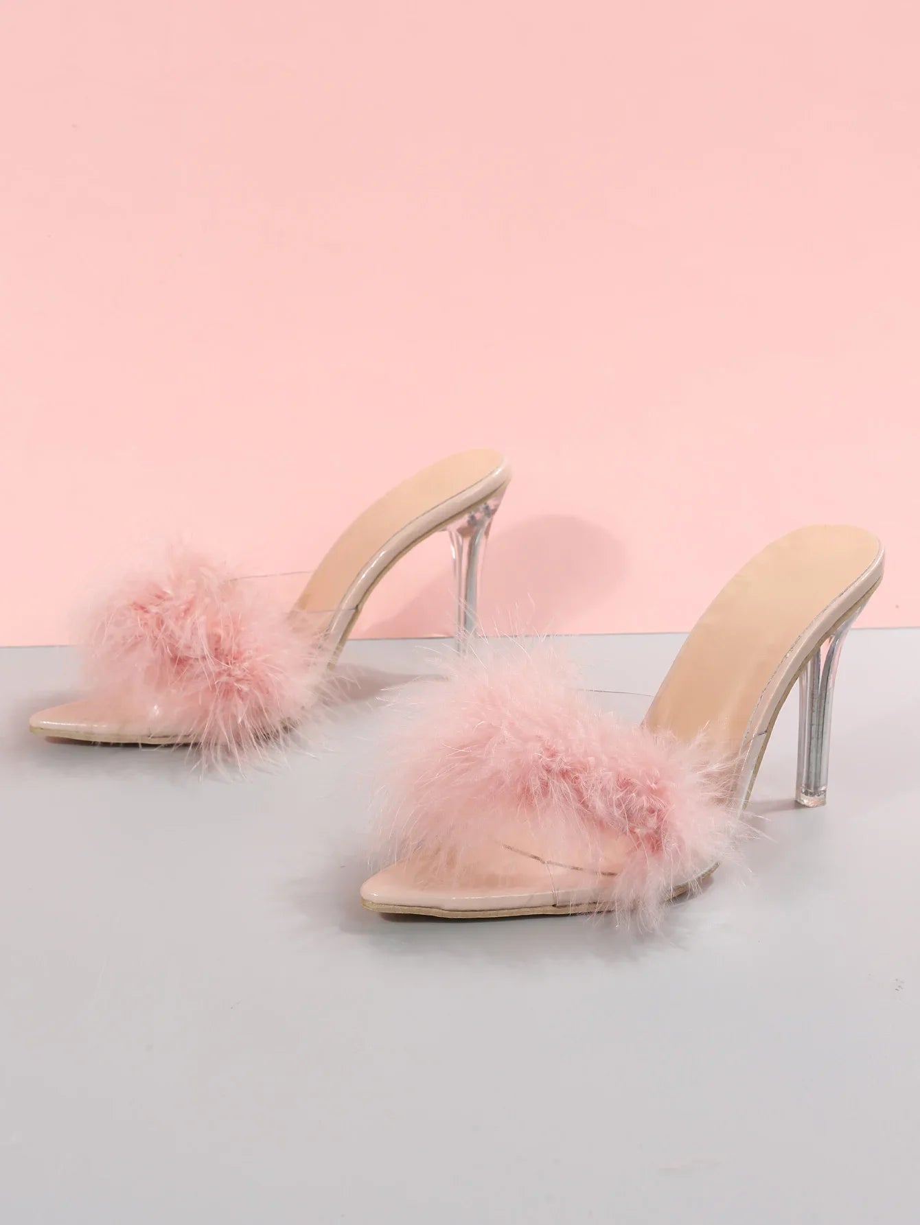 Women's Slippers 2024 Pink Feather Peep Toe Pointed Slippers Sexy Slip on Clear Heel Slides Women Thin Heels Summer Footwear