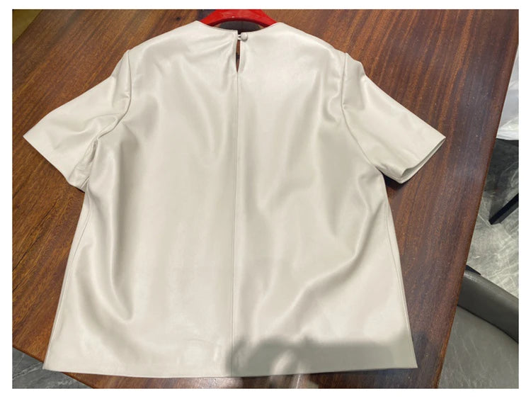 Genuine Leather Tops for Women 2025 Spring/Summer Short Straight Sleeve Round Neck Pullover Shirts & Blouses Thin Suede Blusas