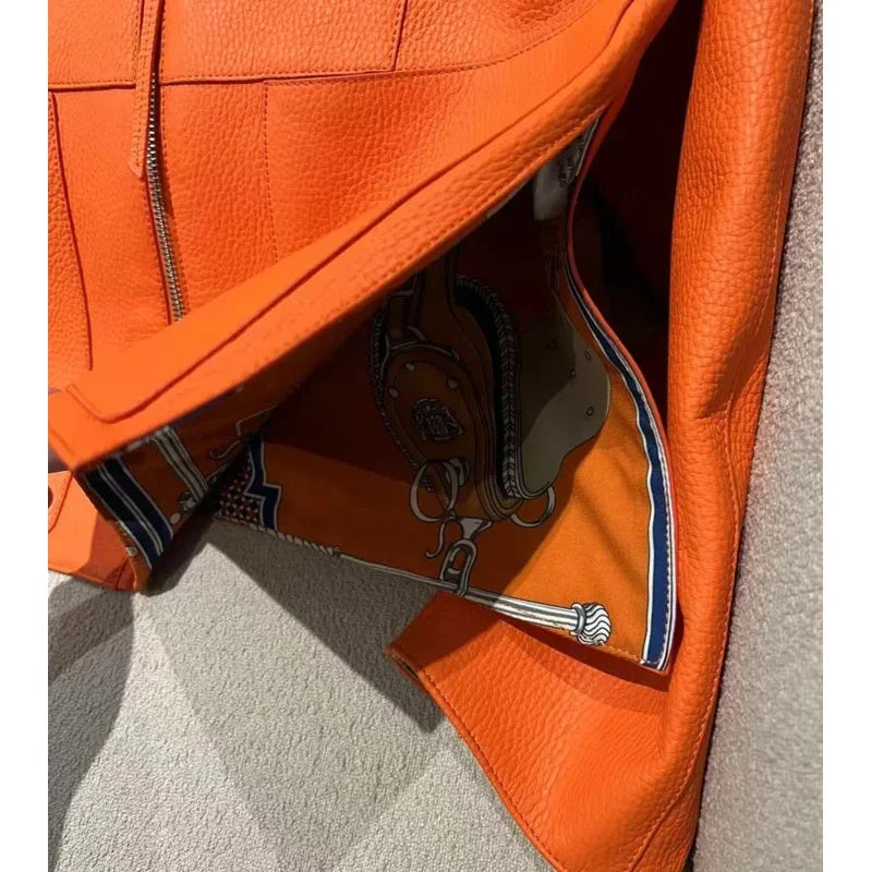 New fashion 2025 women coat sspring orange import real sheepskin jacket floral pattern lining short length big pockets
