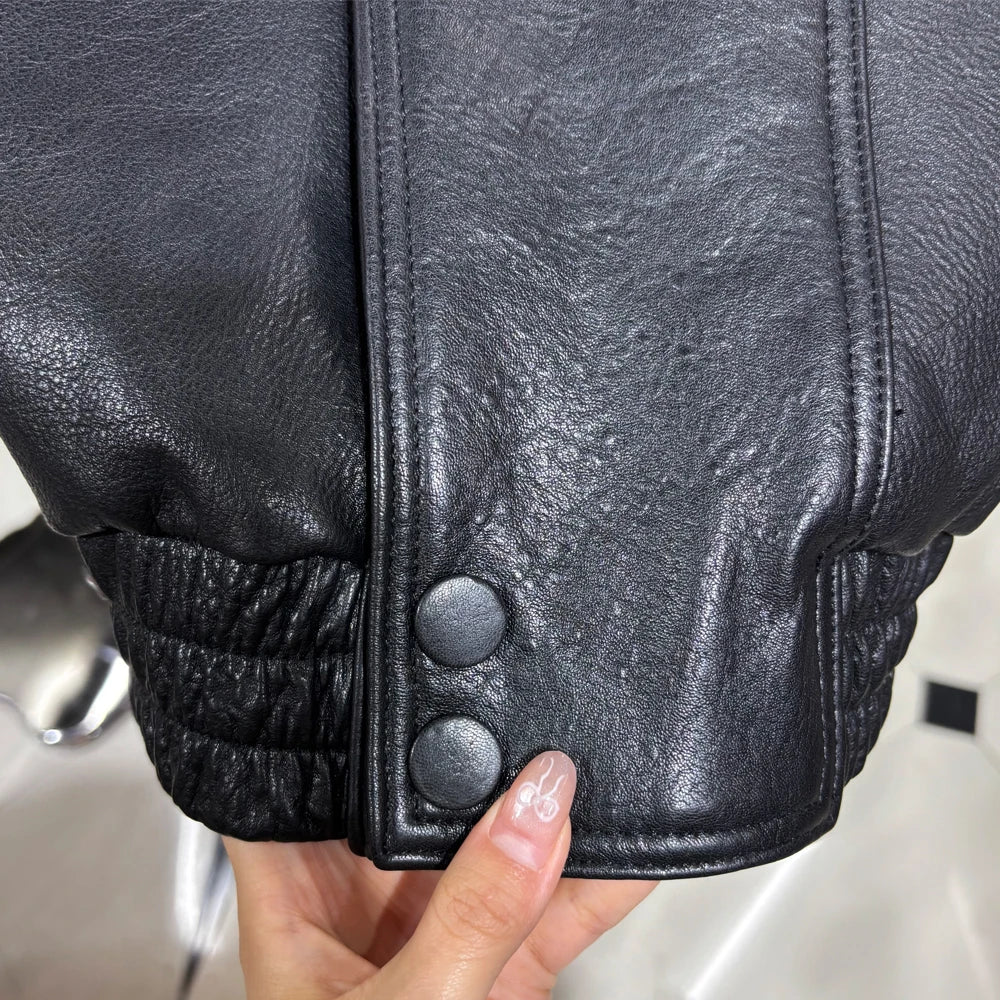2025 Black Grained Leather Jacket Oversized Leather Coat Stand Collar Real Sheepskin Coat