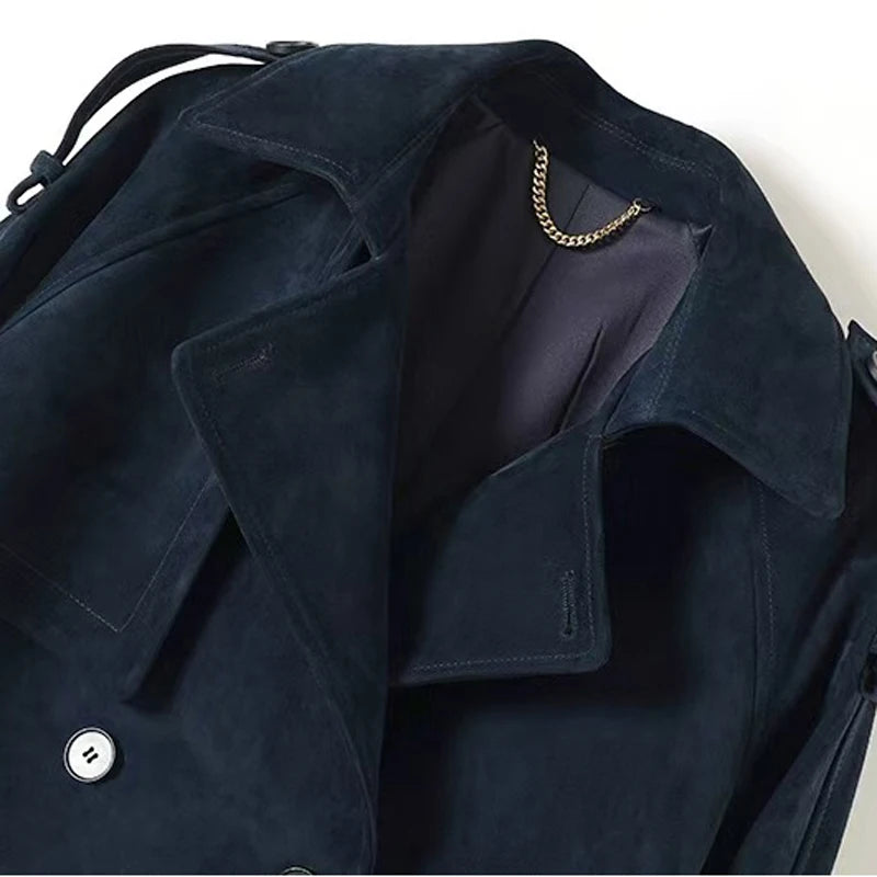 Kid Suede Leather Jacket for Women Branded New 2025 Old Money Double Breasted Short  Jacket Femme Big Lapel Epaulet Trench Coat