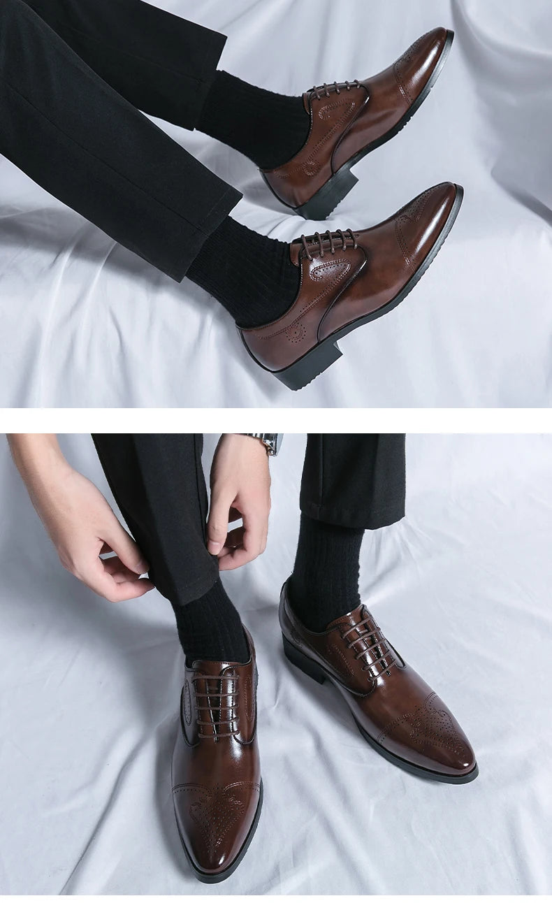 Formal Brogues Shoes Men Classic Social Casual Business Shoes Man Wedding Men's Dress Shoes Party Pointy Toe Leather Shoes Male