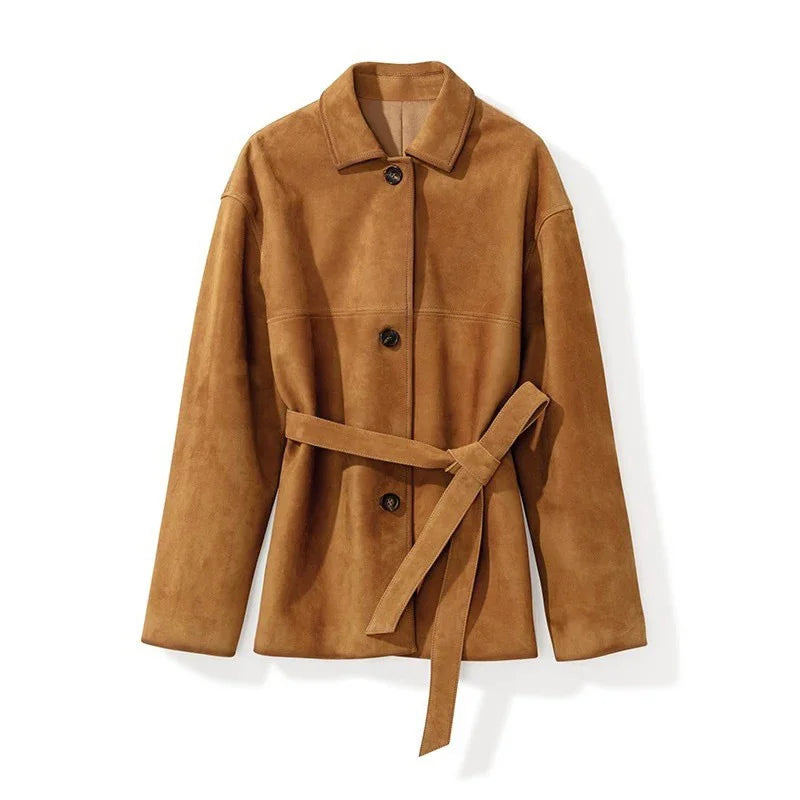 French High-end Kid Suede Leather Jacket for Woman Auburn Square Neck Single Breasted Long Coat with Waistband Female Outwears