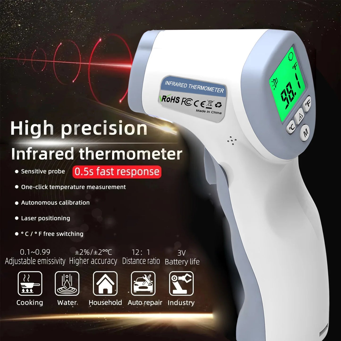 Non-contact Infrared Thermometer High Temperature Meter Probe Laser Pyrometer Suitable temperature of industrial objects