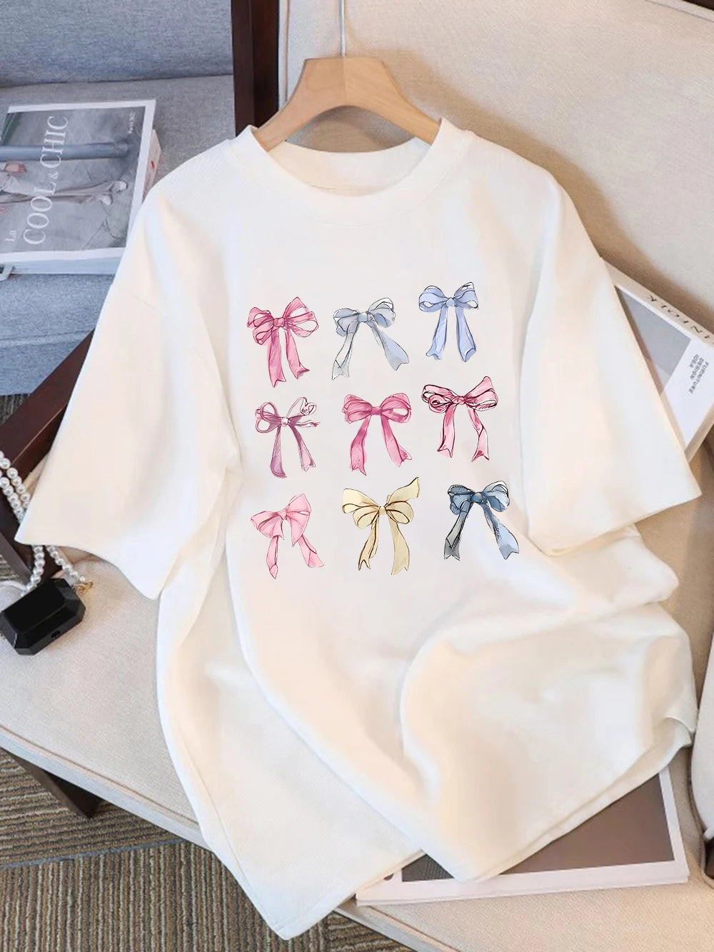 Summer T-Shirts Cotton Womens Colorful Bow Tie Printing Short Sleeve Comfortable Soft O-Neck Tops Holiday Casual Womans Clothes