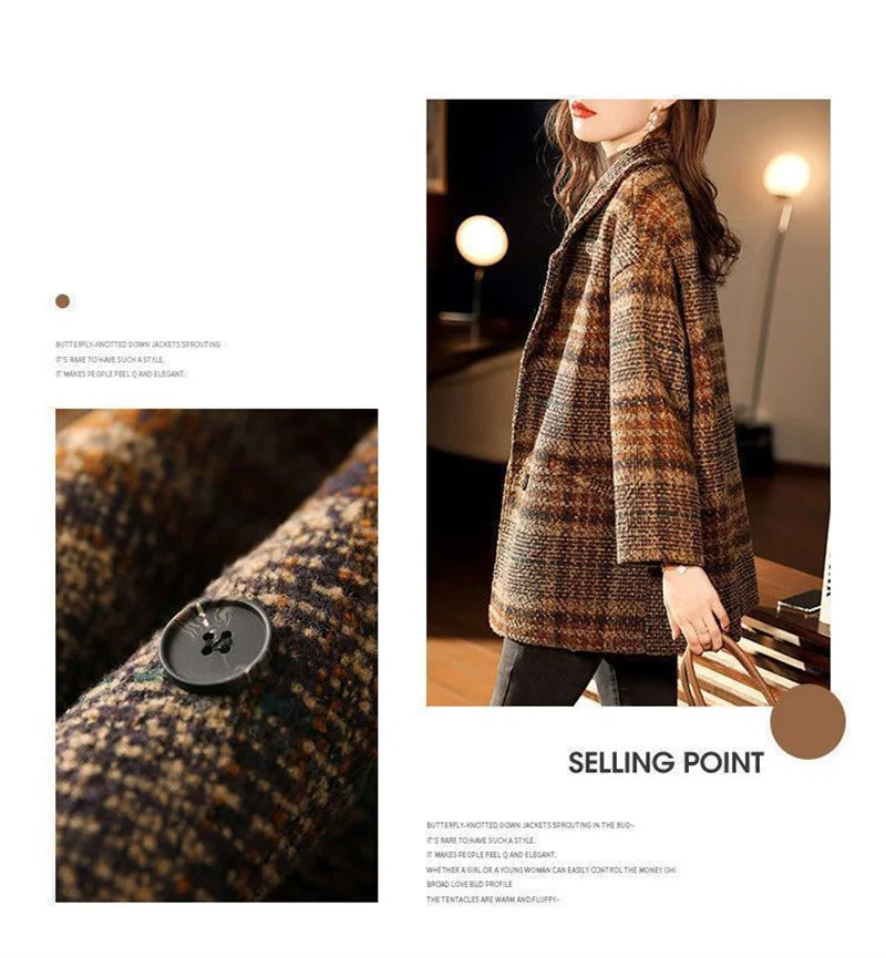 Plaid Suit Woolen Coat Women Autumn Winter New Korean Fashion Loose Woolen Coat Mid-Length Wool Blazer Overcoat Woman Jacket