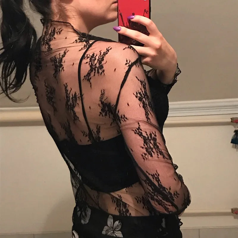 Summer Women Lace Floral Embroidery Blouses  Ladies Tops Sexy Mesh Blouses Transparent Elegant Long Sleeves See-through Shirt