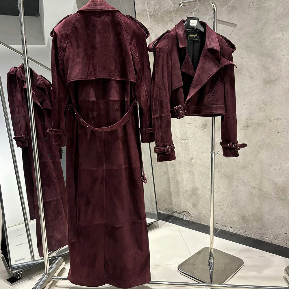 YOLOAgain 150cm Extra Length Real Leather Trench Coat Women Double Breasted Suede Coat Female