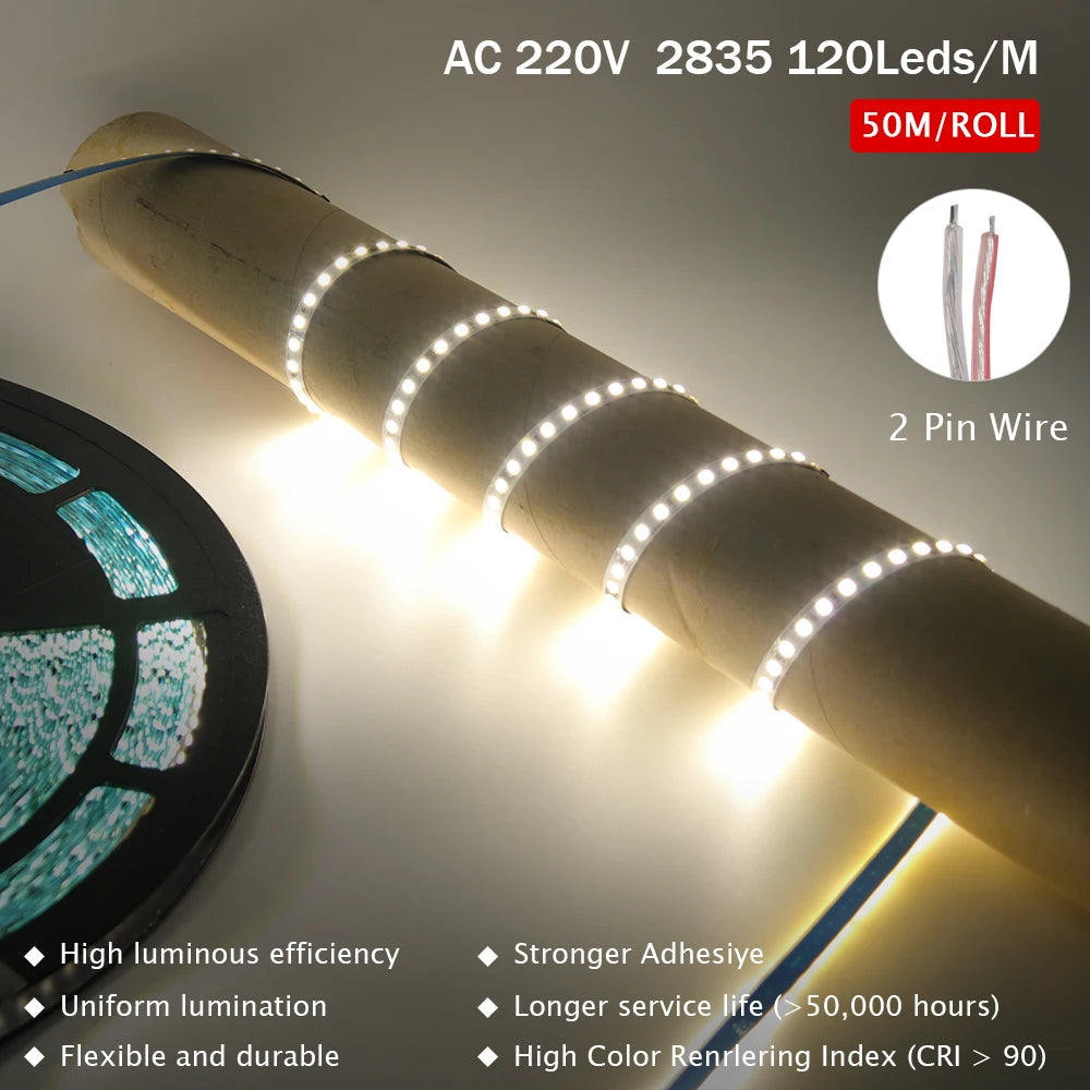 10m 20m 50m 220V 2835 LED Strip Light No Need Driver High Bright 120LEDs/M Flexible Tape Lights IP44 Waterproof Home Lighting