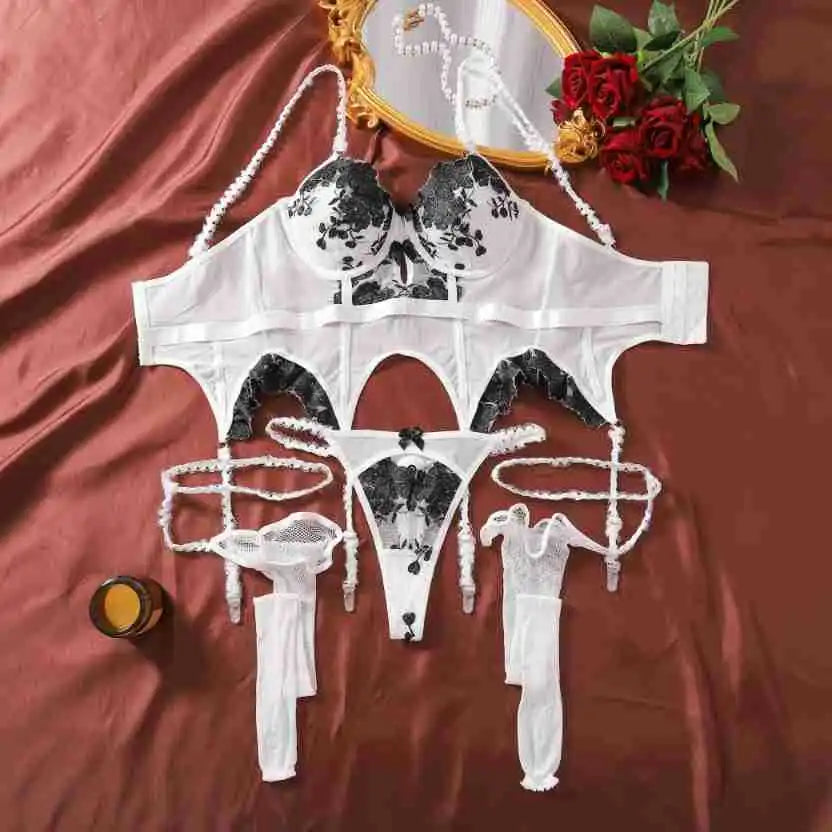 Lingerie Sexy Female Corset Sheer Stockings Garter Belt 3-Piece Erotic Set Suspender Lace Underwear Women OnlyFans Outfits