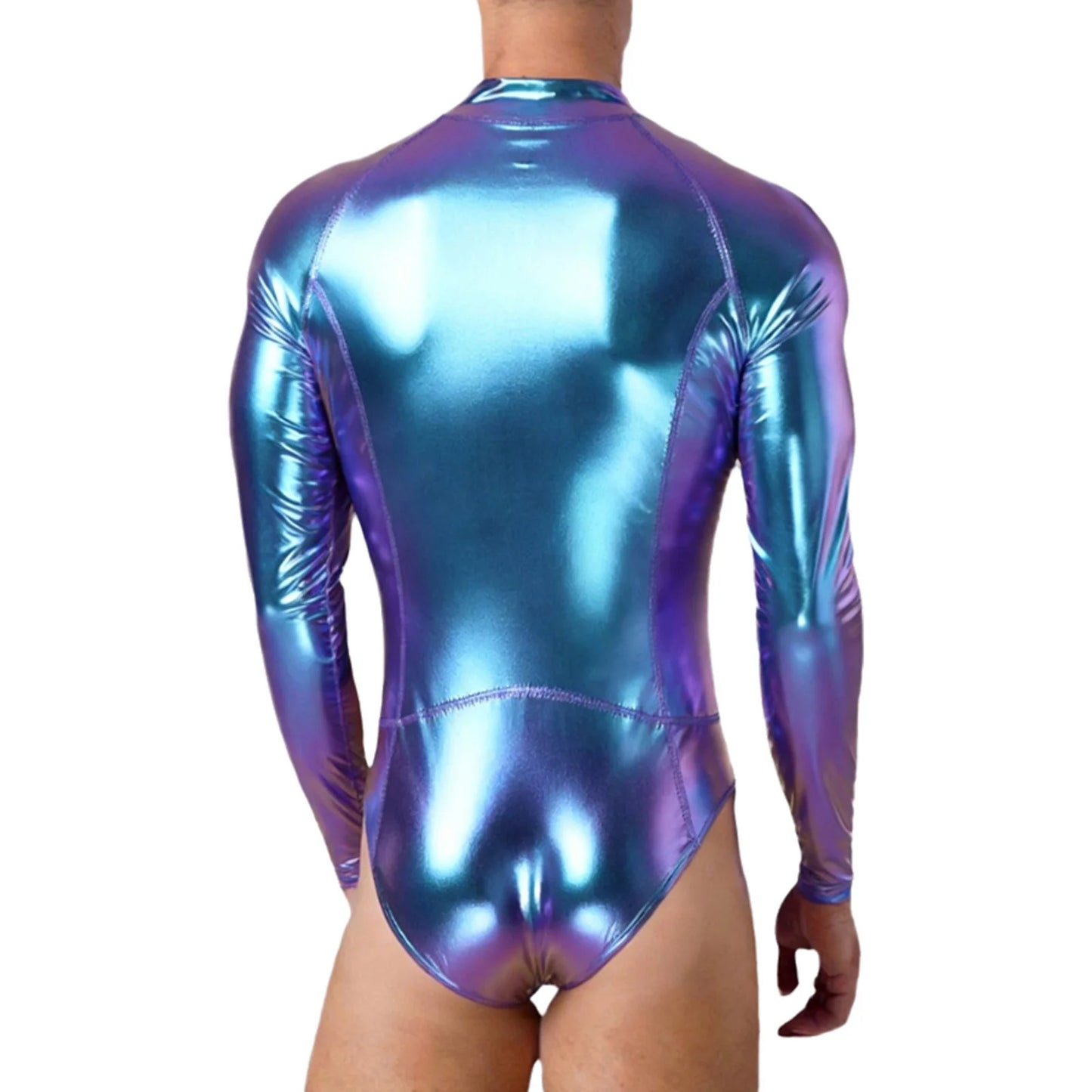 Mens Bathing Suits Swimsuits Metallic Shiny Bodysuit Long Sleeve One-piece for Nightclub Jazz Dance Beach Gymnastics Leotard