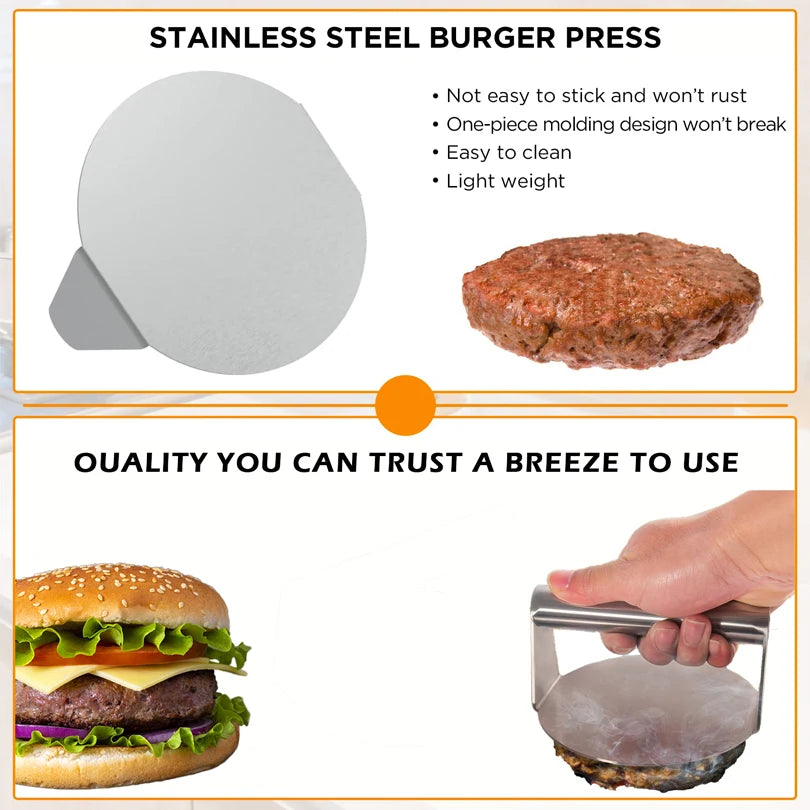 Household Stainless Steel 304 Burger Press, Square and Round Meat Presser, Manual Meat Pressing Tool, Burger Patty Press Plate