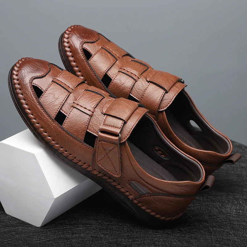 Genuine Leather 2024 Summer Special Offer Men's Business Casual Hollow Work with Holes Leather Sandals Men's Work Hole Sandals