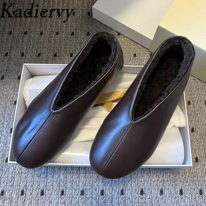 Winter Shoes Woman Genuine Leather Round Toe Slip-on Loafers Woman Casual Comfy Walk Shoes Wool Warm Flat Short Boots Women