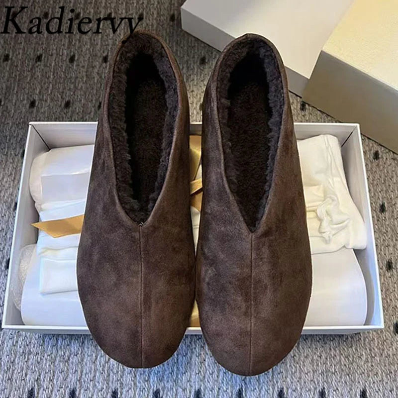Winter Shoes Woman Genuine Leather Round Toe Slip-on Loafers Woman Casual Comfy Walk Shoes Wool Warm Flat Short Boots Women