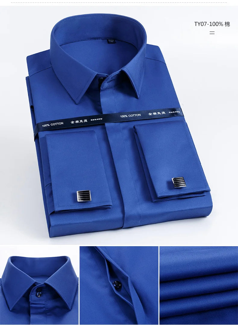 Men's French cufflinks shirt made of pure cotton long sleeved slim fit concealed button, solid color high end wedding dre