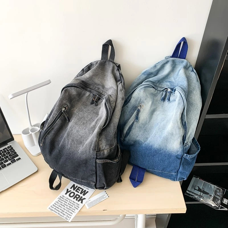 Men's and Women's Backpacks, Student School Bags, Large-Capacity Washed Denim Bags