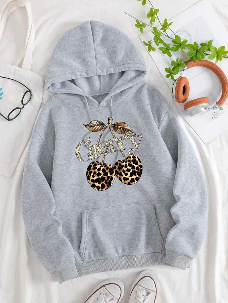 2025 Leopard Cherry Creative Printing Hoodies Women All-Match Streetwear Y2K Pocket Hoody Autumn Winter Casual Women Clothing
